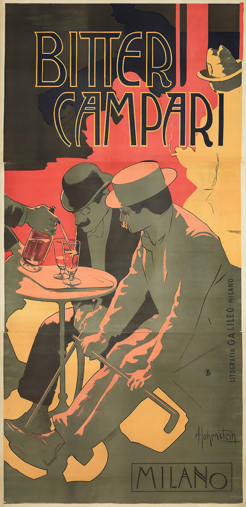 Bitter Campari by Adolfo Hohenstein — Two men in hats share a pour of red bitter at a cafe table