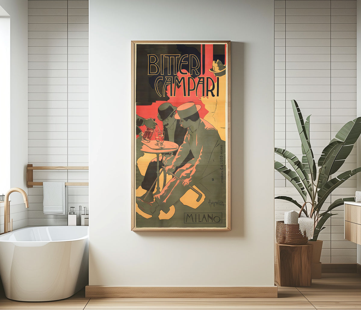 Framed art print of Bitter Campari by Adolfo Hohenstein, in a bathroom beside a freestanding tub