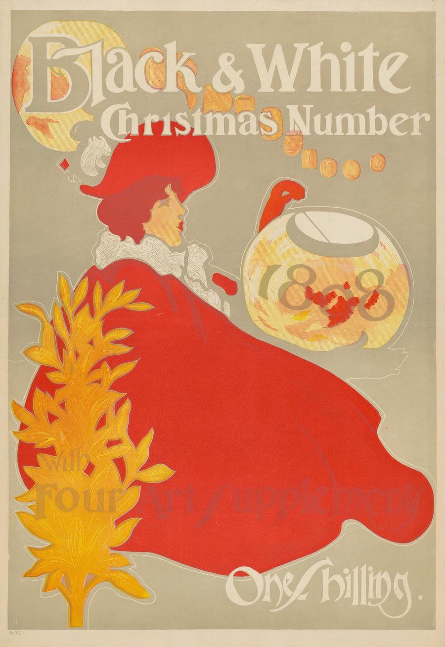 Black & White, Christmas Number 1898 | Vintage Christmas Print shown to scale on a wall above a sofa