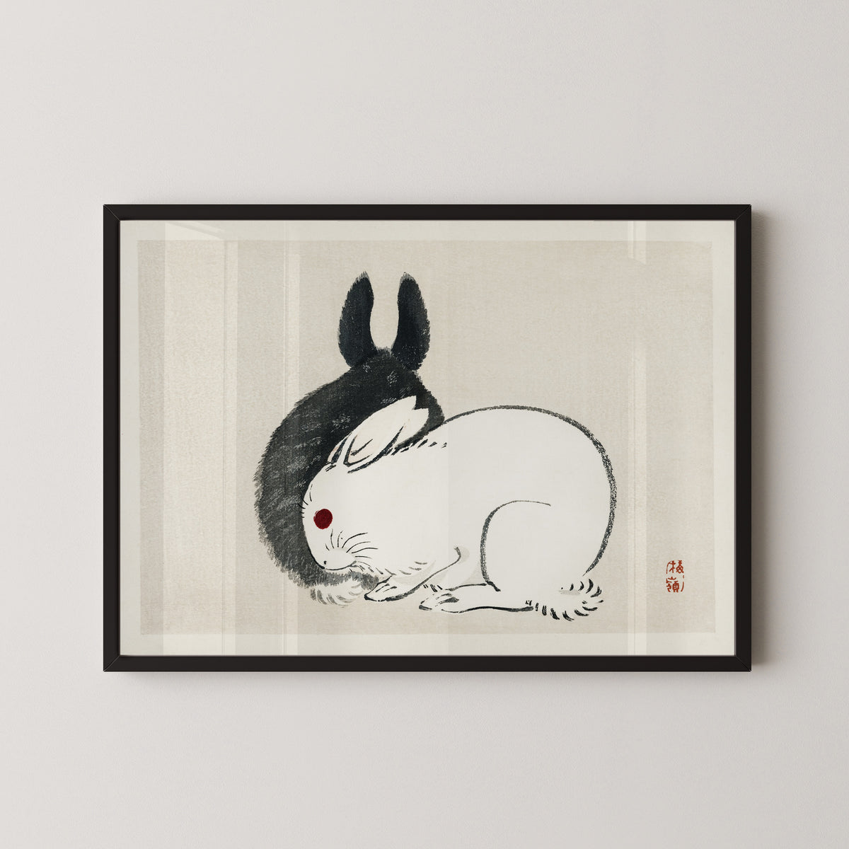 Kōno Bairei — Black and White Rabbits | Japanese Bird & Flower Woodblock Print