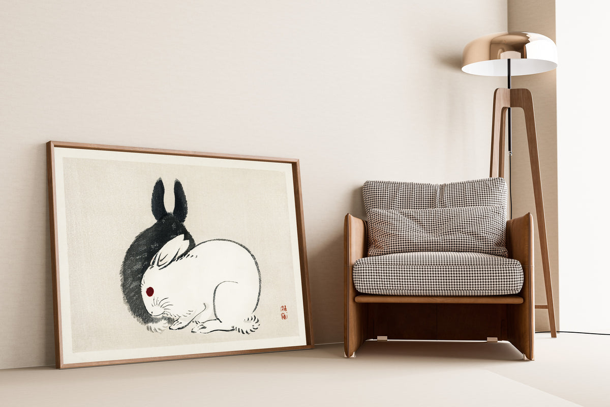 Kōno Bairei — Black and White Rabbits | Japanese Bird & Flower Woodblock Print