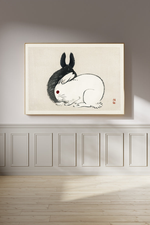 Kōno Bairei — Black and White Rabbits | Japanese Bird & Flower Woodblock Print