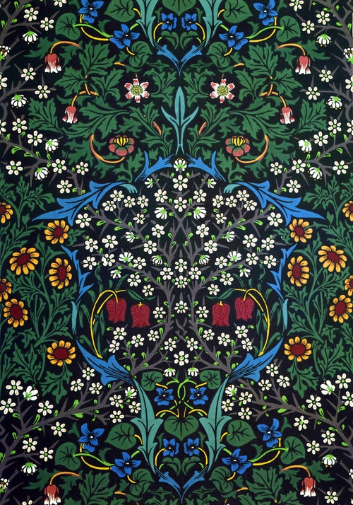 Blackthorn by John Henry Dearle — White blossom on thorny grey branches against a black ground