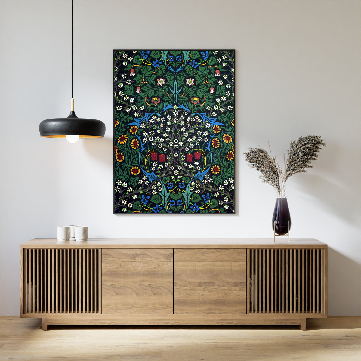 Framed art print of Blackthorn by John Henry Dearle, above a slatted wood sideboard