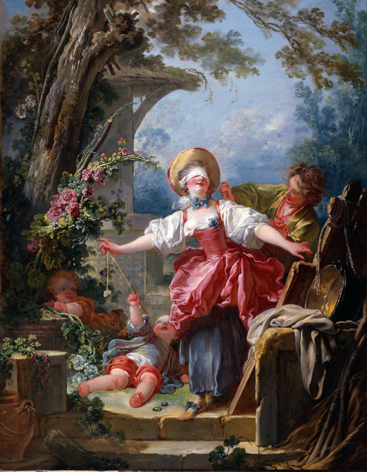 Blind-Man’s Buff by Jean-Honoré Fragonard — A blindfolded girl in rose-pink gropes through a garden game
