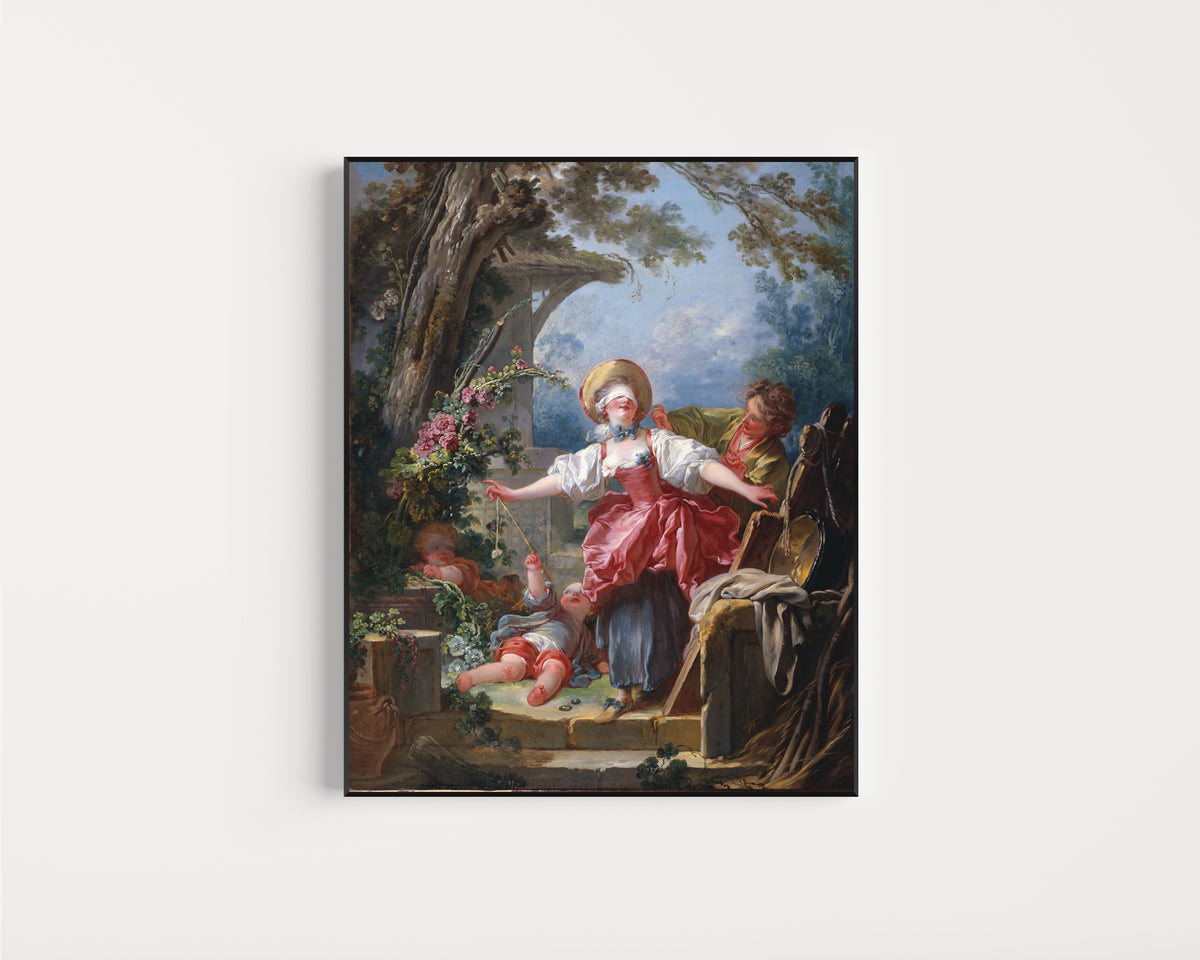 Framed art print of Blind-Man’s Buff by Jean-Honoré Fragonard, in a slim black frame on a plain white wall