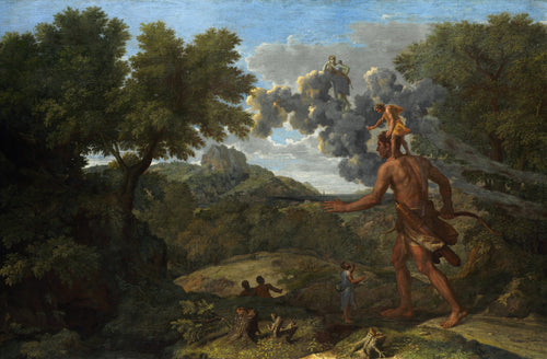 Blind Orion Searching for the Rising Sun by Nicolas Poussin — A bow-carrying giant strides a wooded hill with a small man aloft