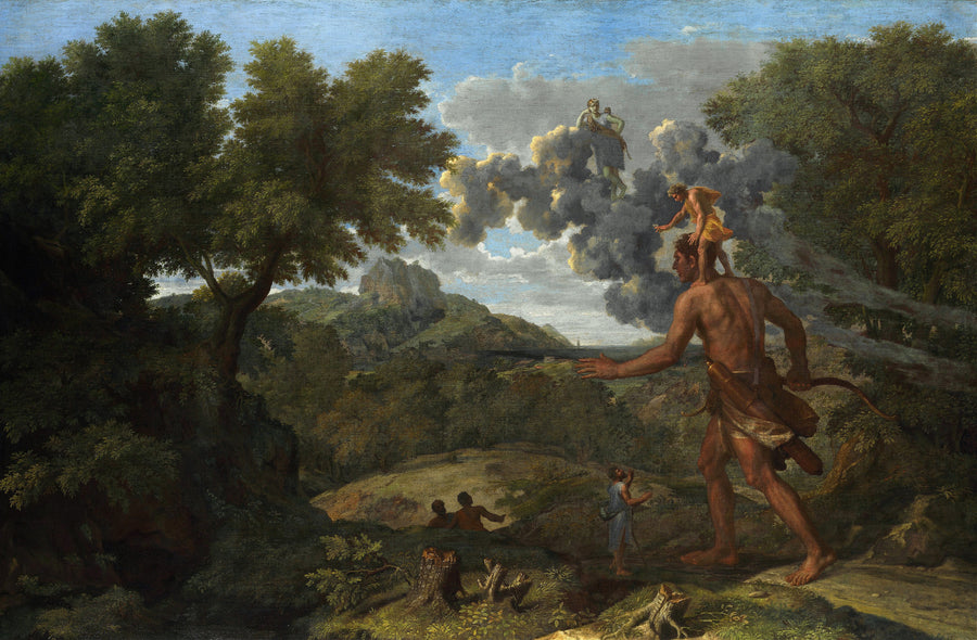 Nicolas Poussin — Blind Orion Searching for the Rising Sun | Fine Art Print shown to scale on a wall above a sofa