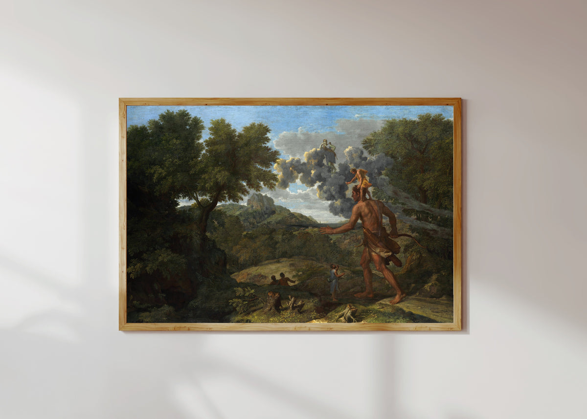 Framed art print of Blind Orion Searching for the Rising Sun by Nicolas Poussin, in a light wood frame on a sunlit white wall