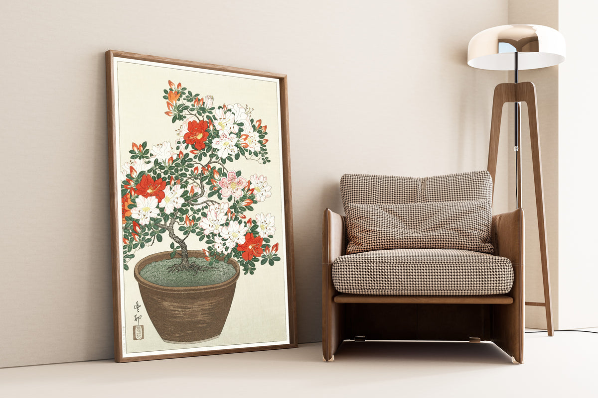 Ohara Koson — Blooming Azalea in Brown Pot | Japanese Bird & Flower Woodblock Print