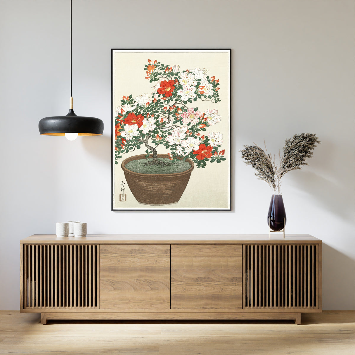 Ohara Koson — Blooming Azalea in Brown Pot | Japanese Bird & Flower Woodblock Print