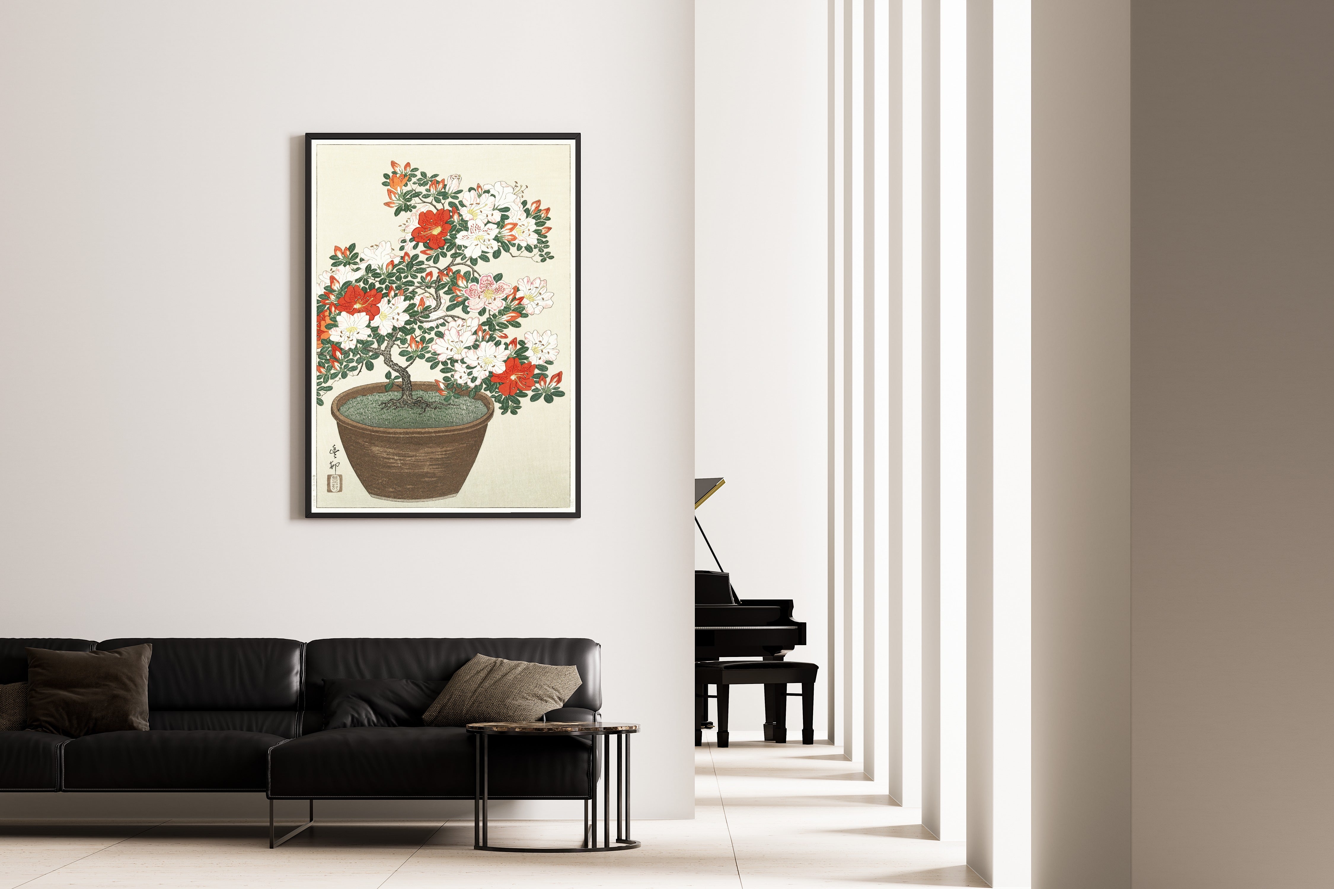 Ohara Koson — Blooming Azalea in Brown Pot | Japanese Bird & Flower Woodblock Print