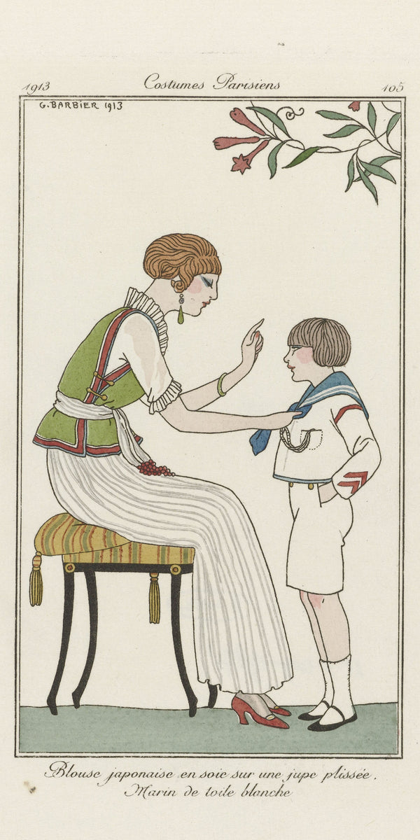 George Barbier — Blouse japonaise en soie sur une jupe plissée [Japanese silk blouse over a pleated skirt] | Art Deco Fashion Print