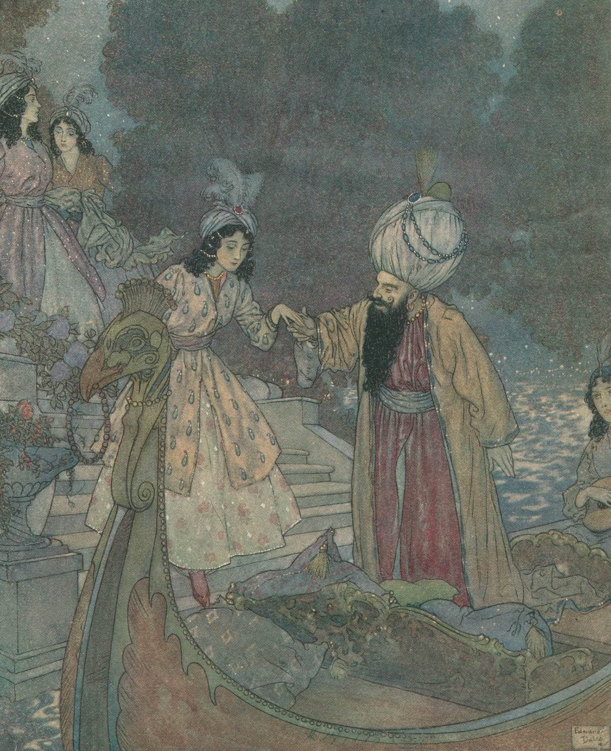 Edmund Dulac — Blue Beard: They Were Rowed to the Sound of Music | Fairy Tale Illustration Print