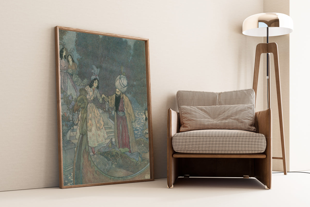 Framed art print of Blue Beard: They Were Rowed to the Sound of Music by Edmund Dulac, leaning against a wall beside an armchair and a floor lamp