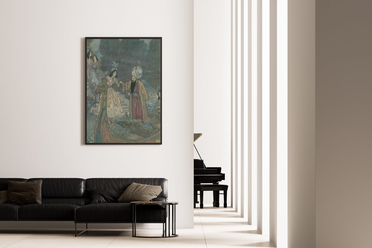 Framed art print of Blue Beard: They Were Rowed to the Sound of Music by Edmund Dulac, on the wall of a minimal living room