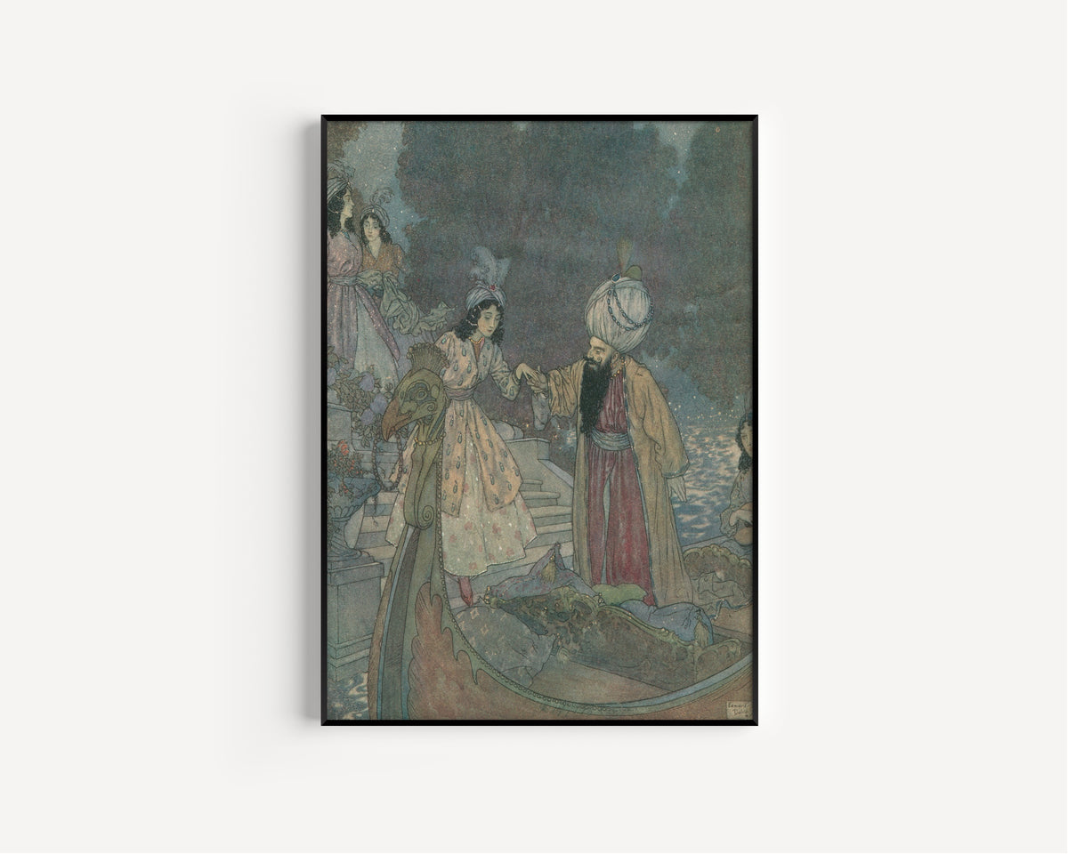 Framed art print of Blue Beard: They Were Rowed to the Sound of Music by Edmund Dulac, in a slim black frame on a plain white wall