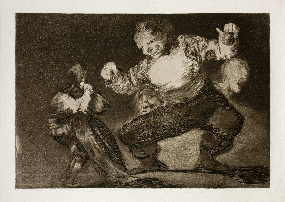 Bobalicón (Simpleton), from Los Disparates by Francisco de Goya — A grinning giant dances with castanets over a cowering figure