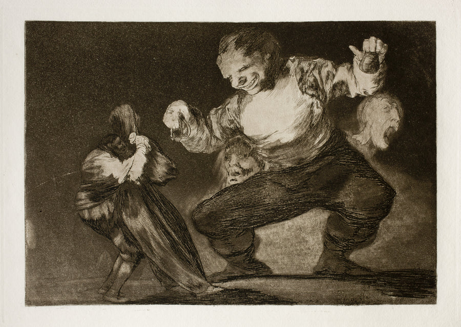 Francisco de Goya — Bobalicón (Simpleton), from Los Disparates | Etching Print shown to scale on a wall above a sofa