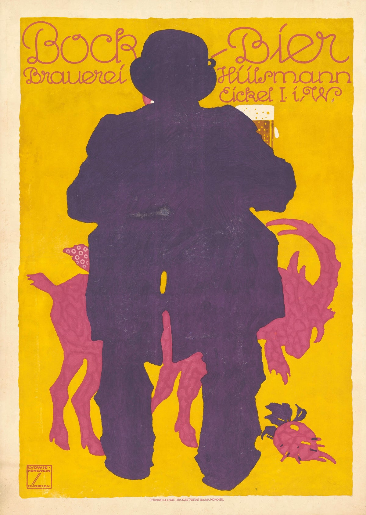 Bock-Bier: Brauerei Hülsmann, Eickel i. W. by Ludwig Hohlwein — A purple silhouette raises a beer beside a pink goat