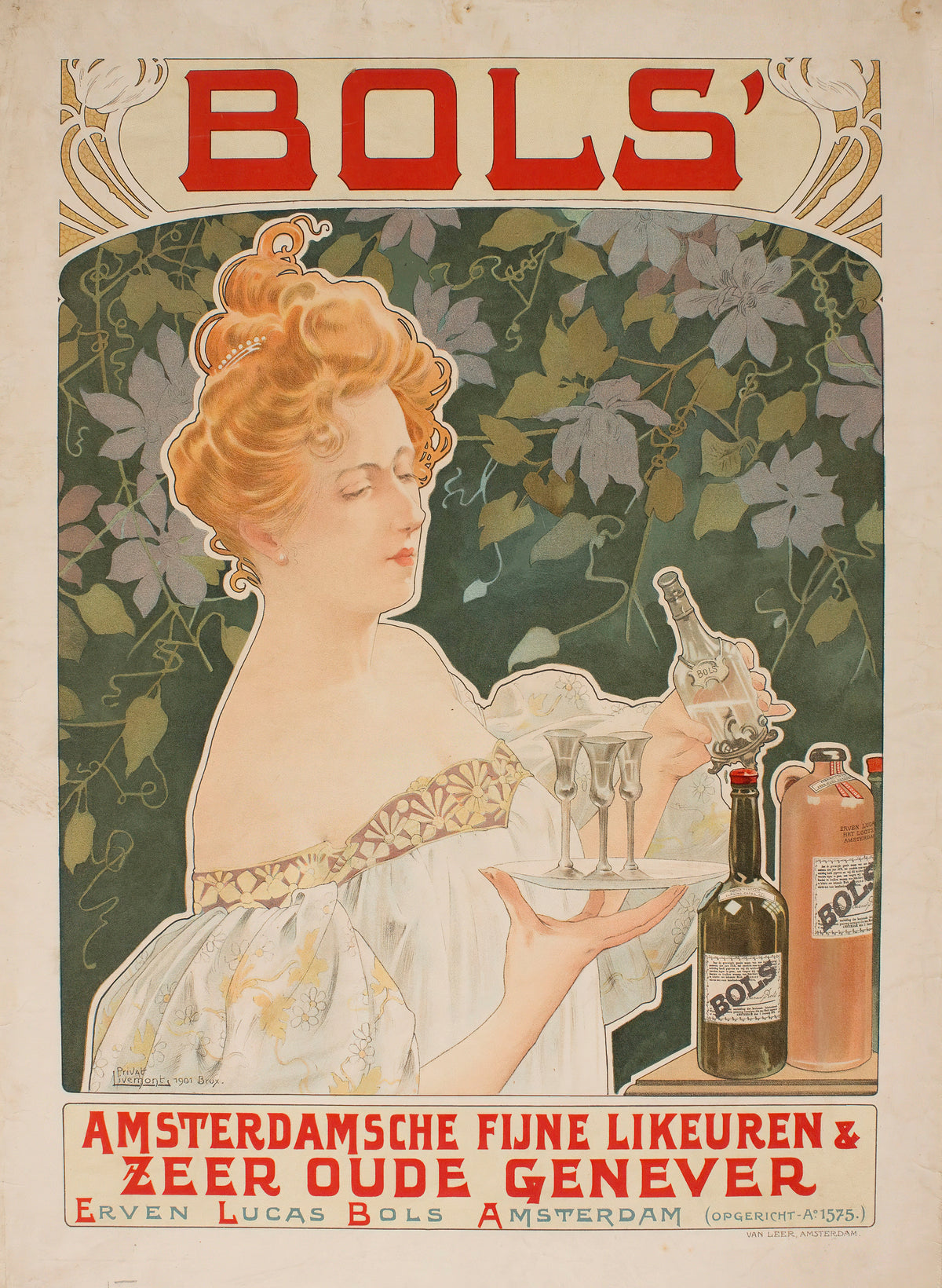 Bols' Amsterdamsche Fijne Likeuren by Henri Privat-Livemont — A red-haired woman tilts a small bottle over three stemmed glasses