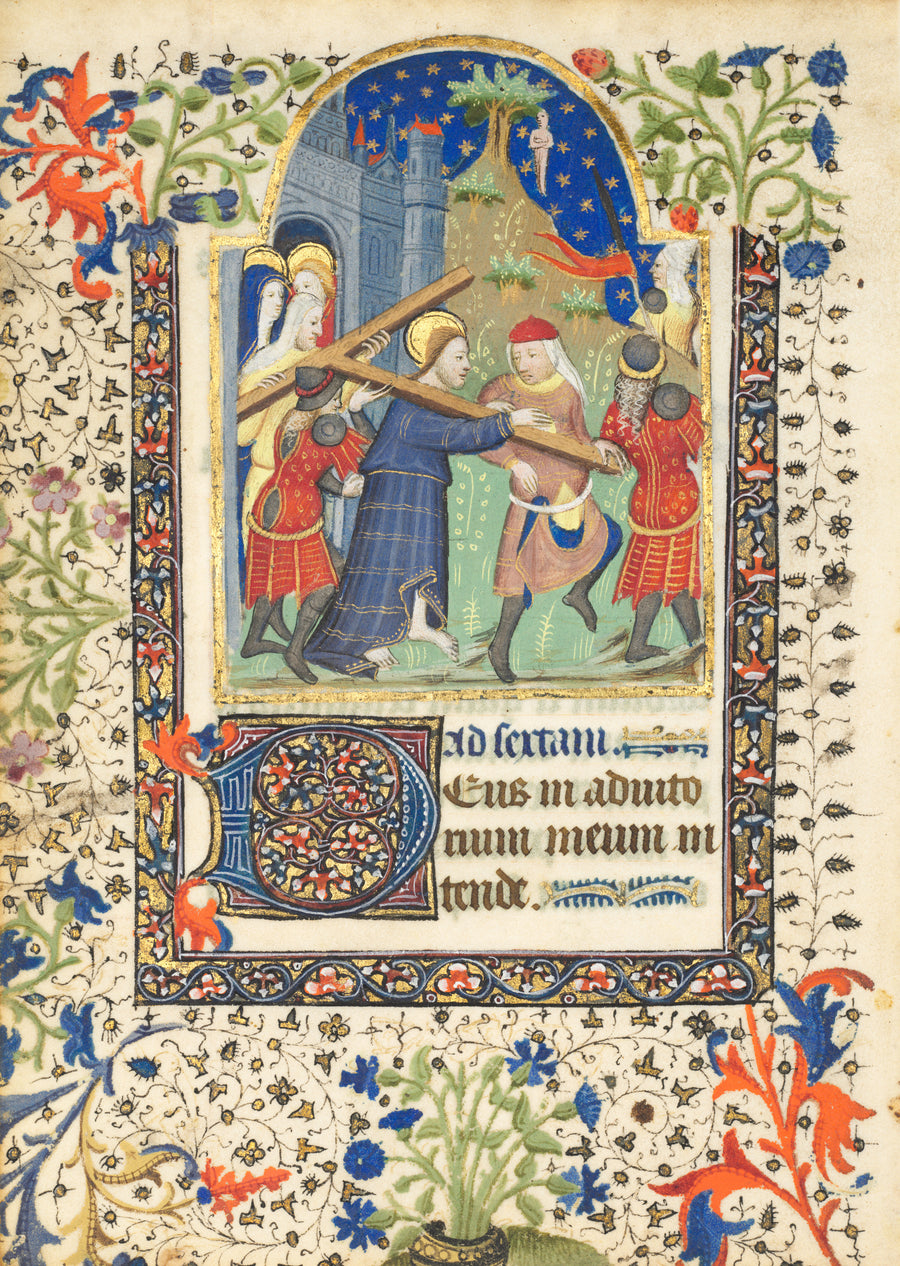 Book of Hours: Christ Carrying the Cross | Illuminated Manuscript Print shown to scale on a wall above a sofa