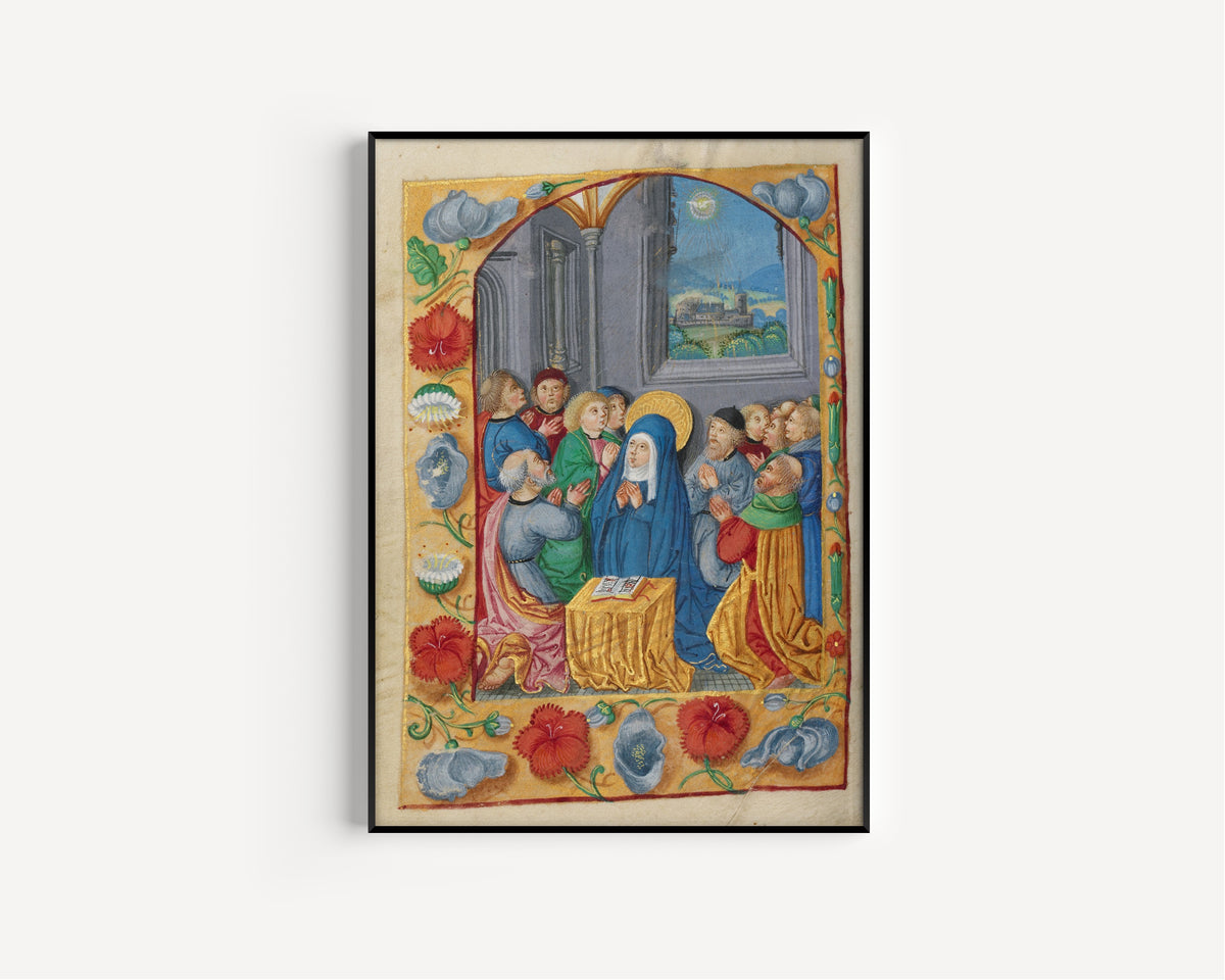 Framed art print of Book of Hours: Pentecost, in a slim black frame on a plain white wall