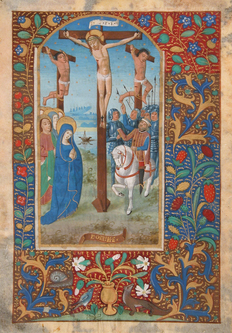 Book of Hours: The Crucifixion | Illuminated Manuscript Print shown to scale on a wall above a sofa
