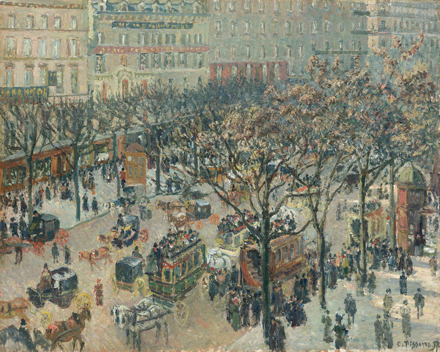 Camille Pissarro — Boulevard des Italiens, Morning, Sunlight | Fine Art Print shown to scale on a wall above a sofa