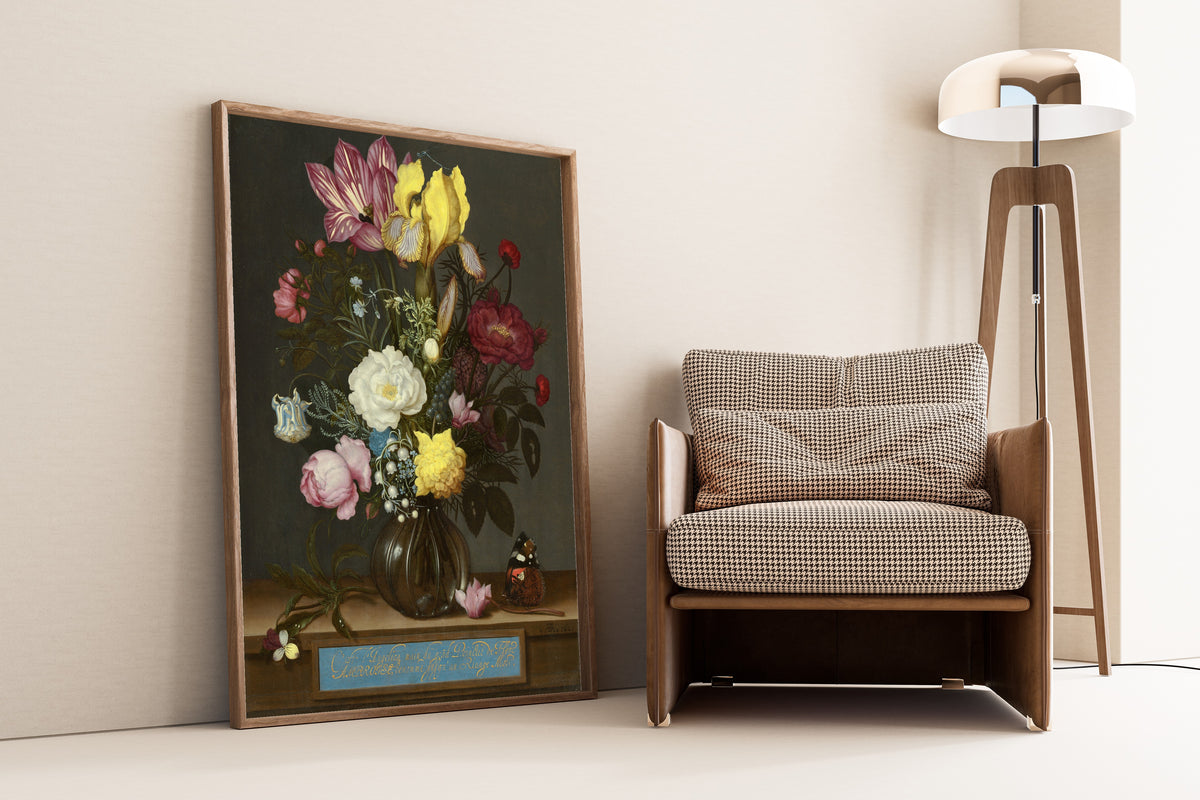 Bouquet of Flowers in a Glass Vase by Jan Davidsz. de Heem — framed and leaning against a wall beside an armchair and a floor lamp