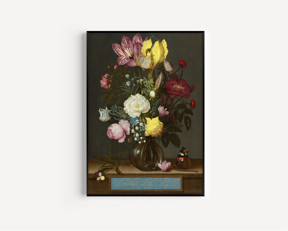 Bouquet of Flowers in a Glass Vase by Jan Davidsz. de Heem — in a slim black frame on a plain white wall