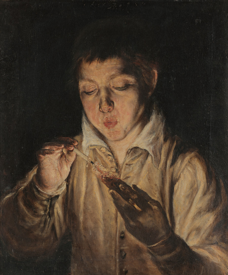 El Greco — Boy Blowing an Ember | Fine Art Print shown to scale on a wall above a sofa