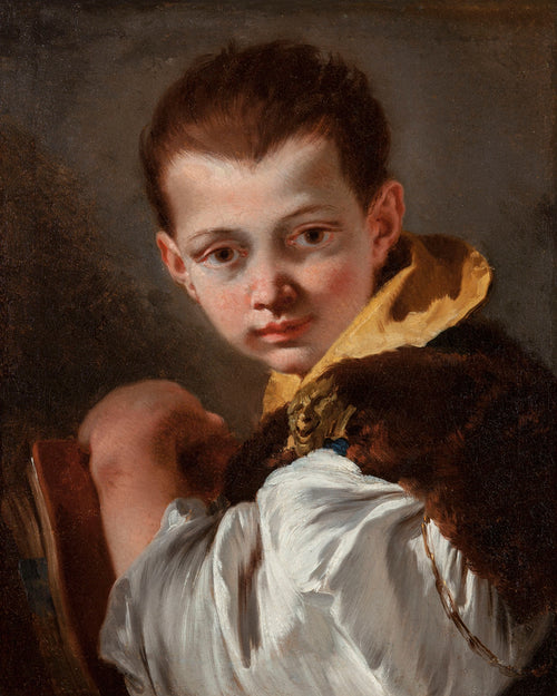 Boy Holding a Book (Portrait of Lorenzo Tiepolo) by Giovanni Battista Tiepolo — A boy in a fur-lined cloak glances over his shoulder, a book in hand