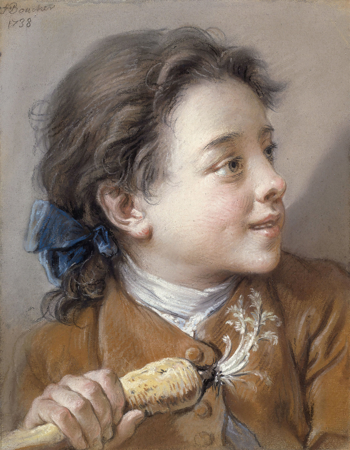 Boy with a Carrot by François Boucher — A smiling boy in a blue hair ribbon grips a pale carrot