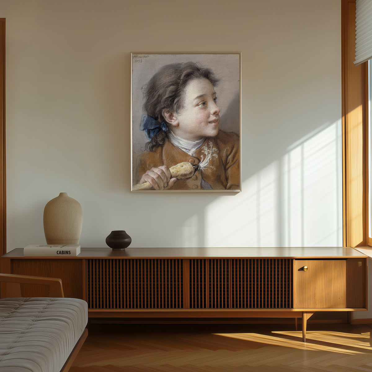 Framed art print of Boy with a Carrot by François Boucher, in a thin light frame on a sunlit wall above a wooden sideboard
