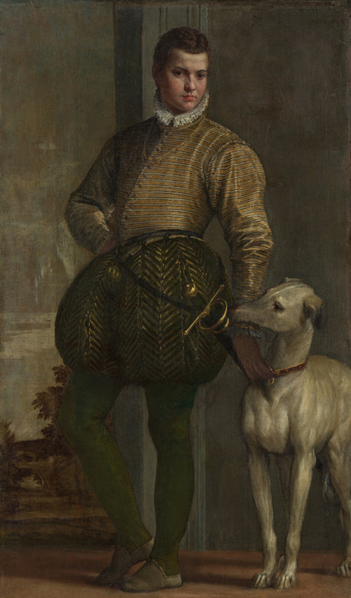 Boy with a Greyhound by Paolo Veronese — A youth in a striped doublet rests a hand on a greyhound