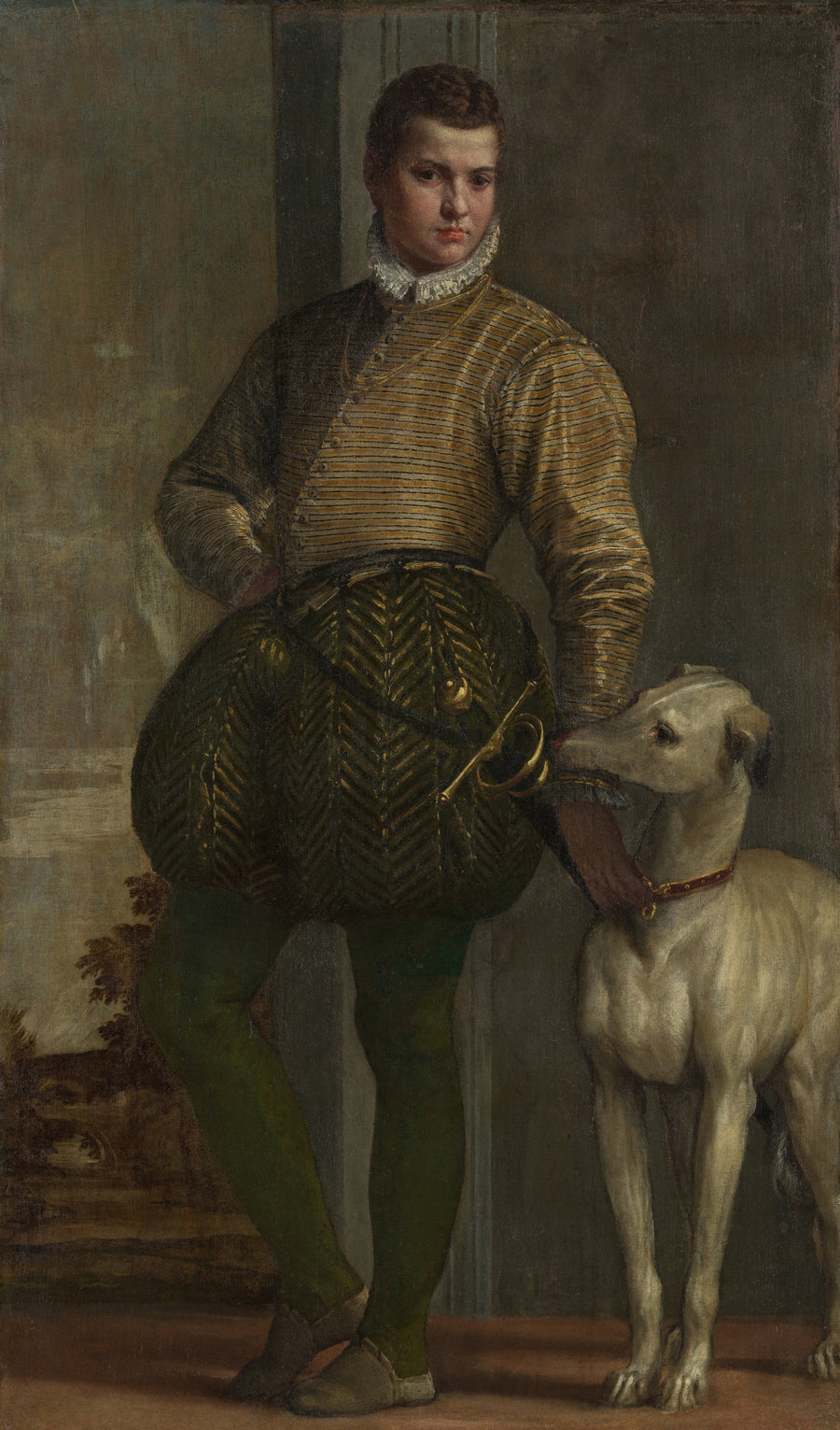 Paolo Veronese — Boy with a Greyhound | Fine Art Print shown to scale on a wall above a sofa
