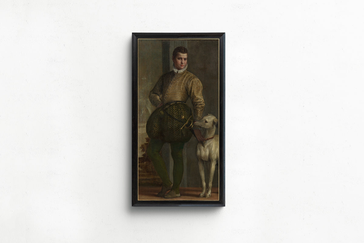 Framed art print of Boy with a Greyhound by Paolo Veronese, in a slim black frame on a plain white wall