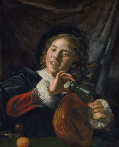 Boy with a Lute by Frans Hals — A laughing boy with a lute and a tilted green glass