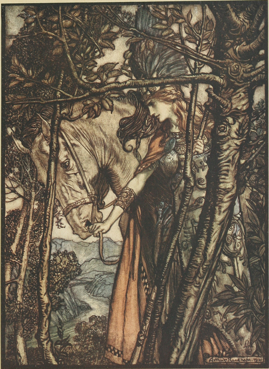Arthur Rackham — Brünnhilde Slowly and Silently Leads Her Horse Down the Path to the Cave | Wagner Illustration Print shown to scale on a wall above a sofa