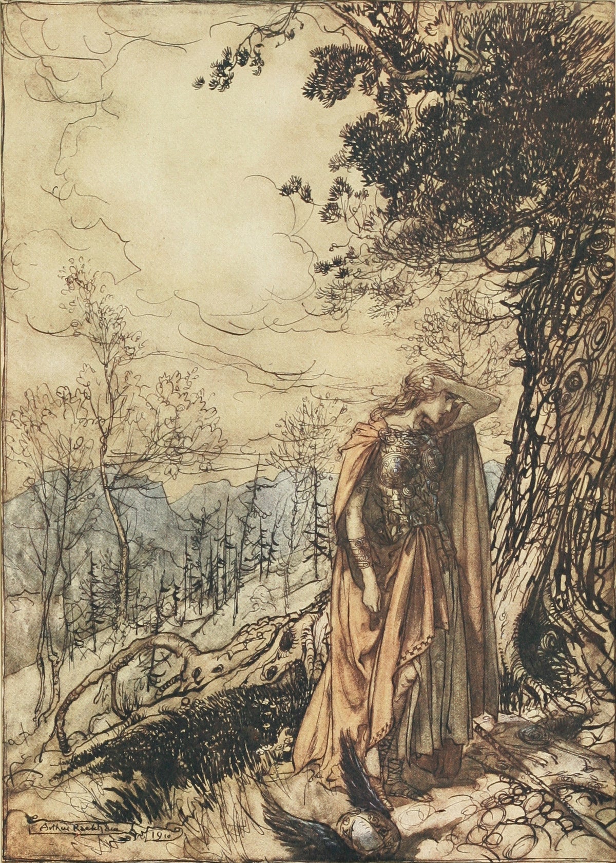 Arthur Rackham — Brünnhilde Stands for a Long Time Dazed and Alarmed | Wagner Illustration Print