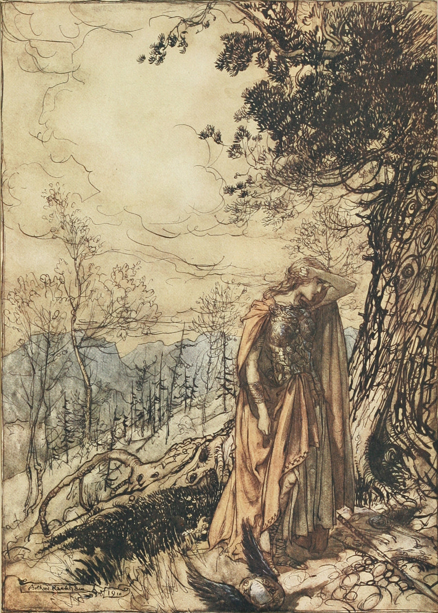 Arthur Rackham — Brünnhilde Stands for a Long Time Dazed and Alarmed | Wagner Illustration Print shown to scale on a wall above a sofa
