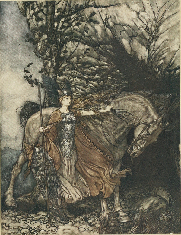 Arthur Rackham — Brünnhilde with Her Horse, at the Mouth of the Cave | Wagner Illustration Print