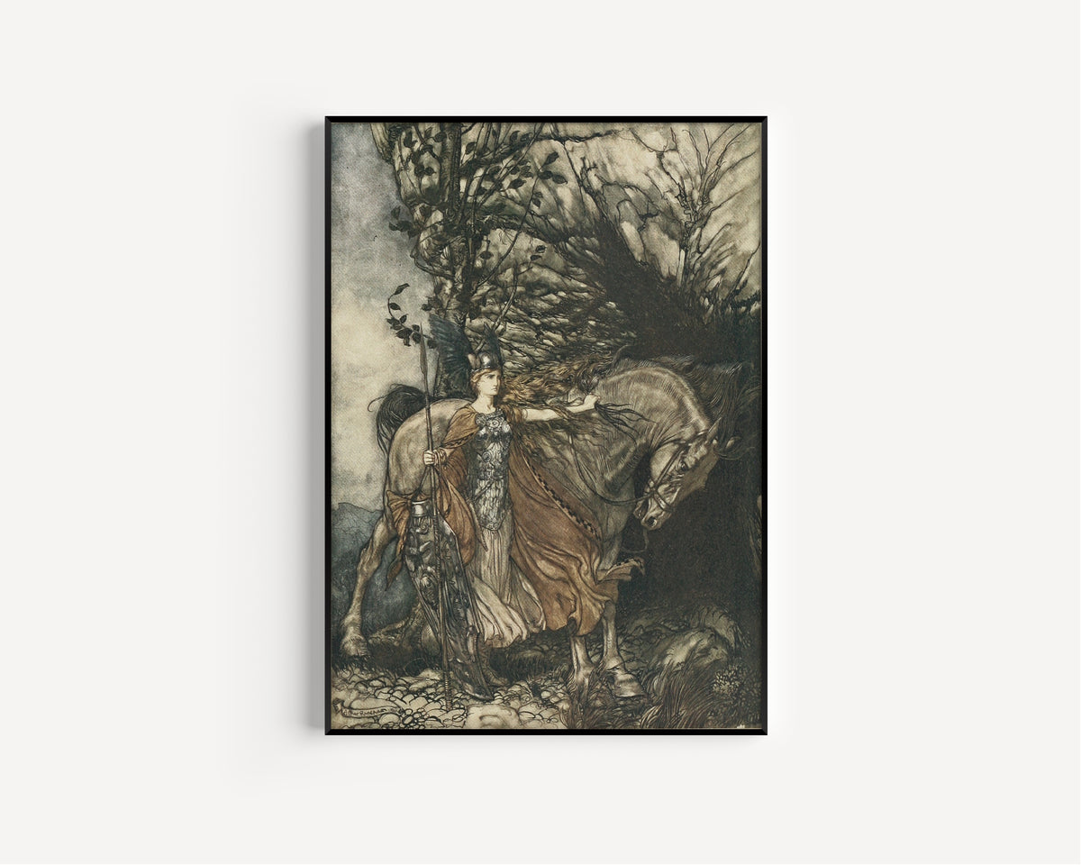Arthur Rackham — Brünnhilde with Her Horse, at the Mouth of the Cave | Wagner Illustration Print