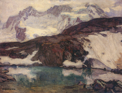 Breithorn (1925) by Hiroshi Yoshida — Snow peaks above a dark ridge and a teal mountain lake