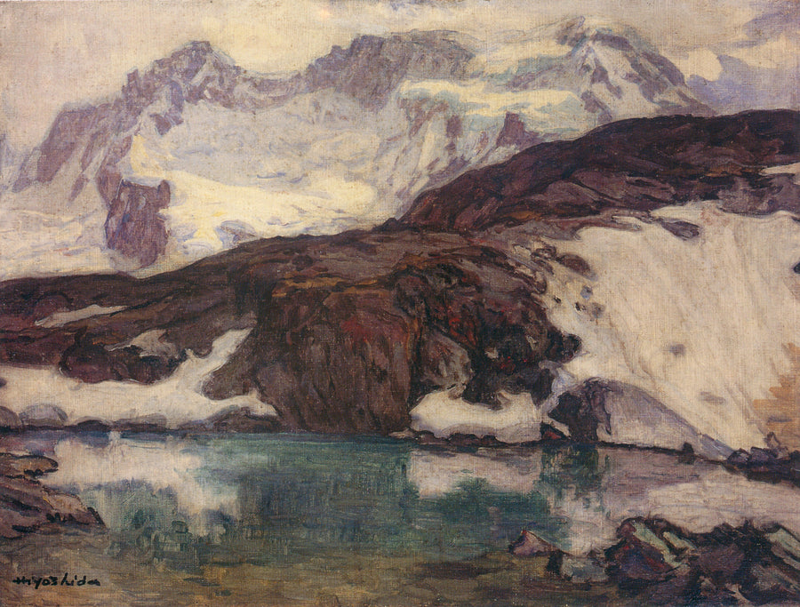 Hiroshi Yoshida — Breithorn (1925) | Japanese Oil Painting Print shown to scale on a wall above a sofa