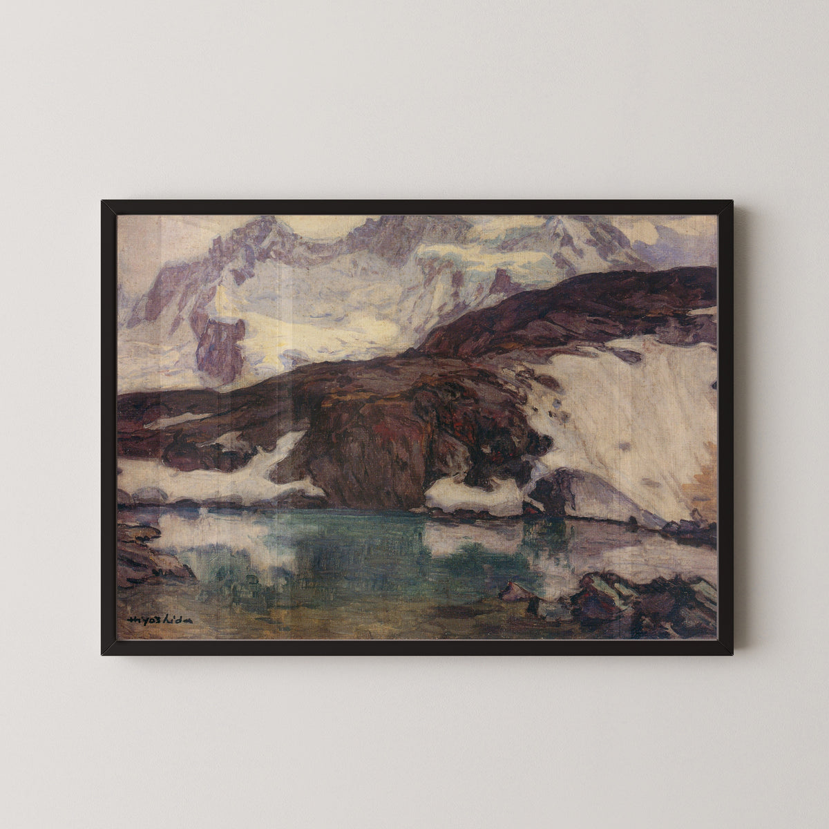Framed art print of Breithorn (1925) by Hiroshi Yoshida, in a black frame on a pale wall