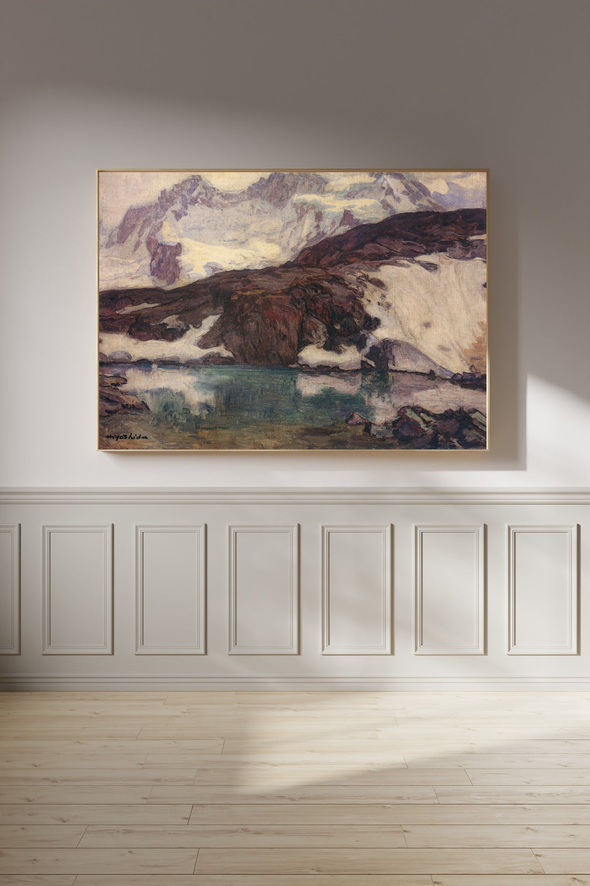 Framed art print of Breithorn (1925) by Hiroshi Yoshida, on a panelled wall in afternoon light