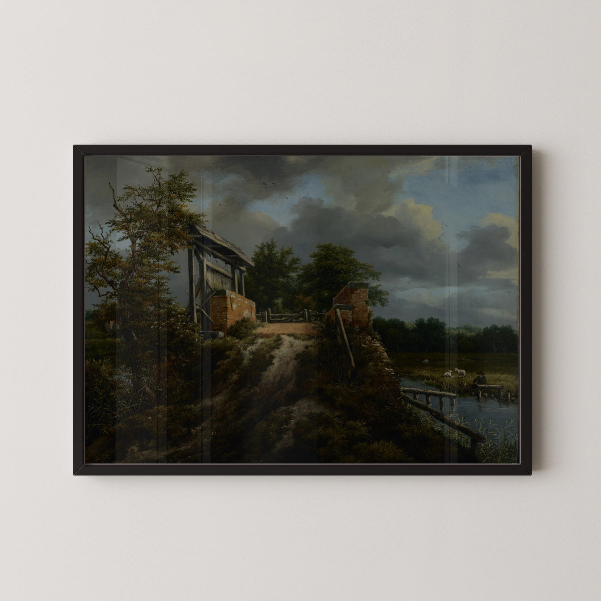 Bridge with a Sluice by Jacob van Ruisdael — in a black frame on a pale wall