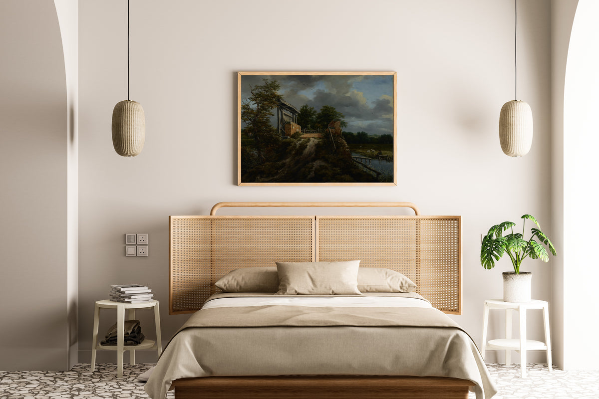 Bridge with a Sluice by Jacob van Ruisdael — framed above a cane-headboard bed